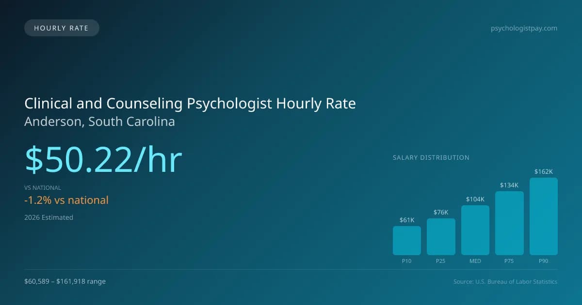 Clinical and Counseling Psychologist Hourly Rate in Anderson, SC — 2026 est., based on 2025 BLS