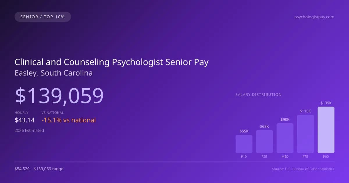 Clinical and Counseling Psychologist Senior Salary in Easley, SC — 2026 est., based on 2025 BLS