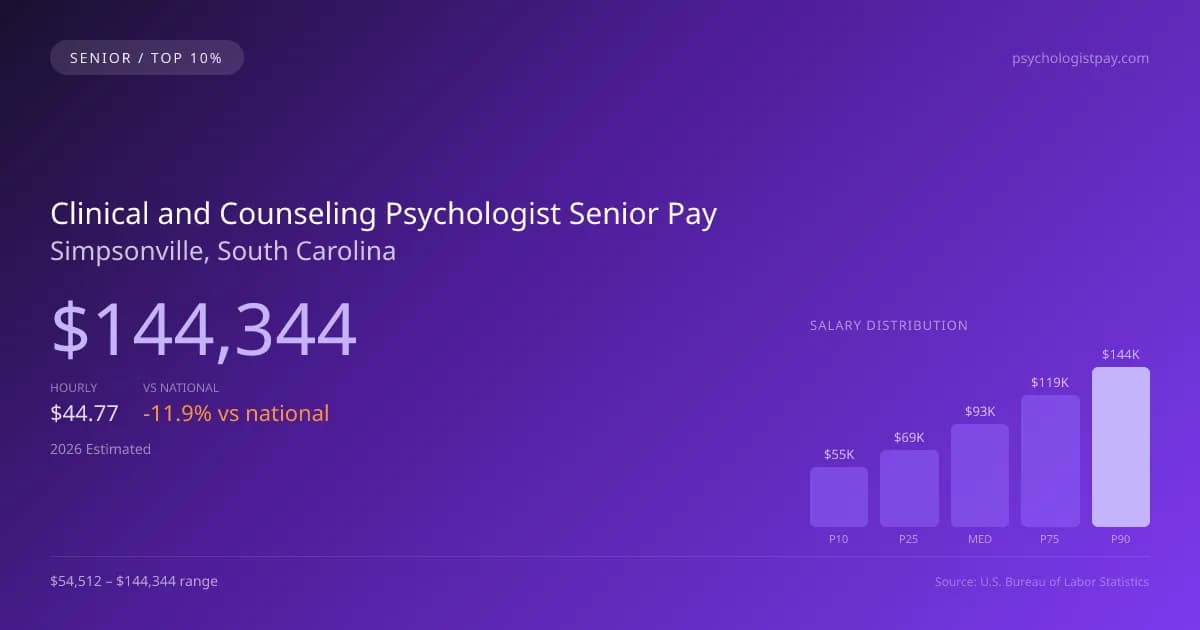 Clinical and Counseling Psychologist Senior Salary in Simpsonville, SC — 2026 est., based on 2025 BLS