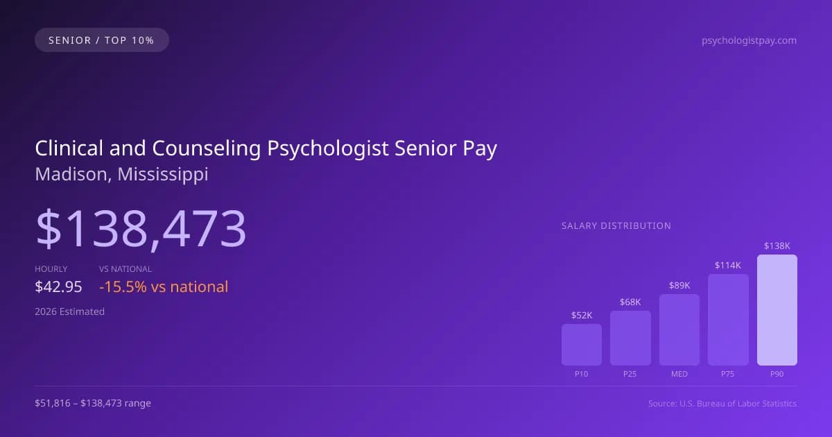 Clinical and Counseling Psychologist Senior Salary in Madison, MS — 2026 est., based on 2025 BLS